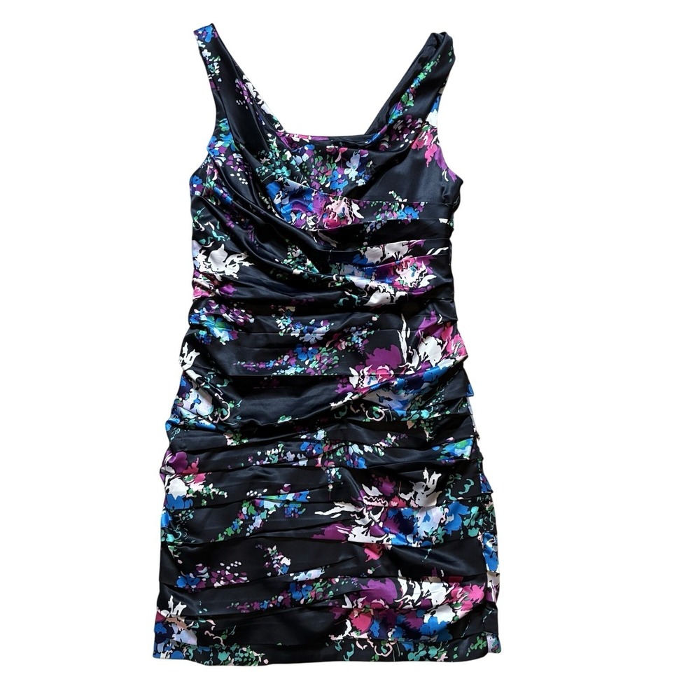 Express Y2K Mini Dress 10 Blue Pink Satin Floral Draped Neck Zip Rouched‎ Party